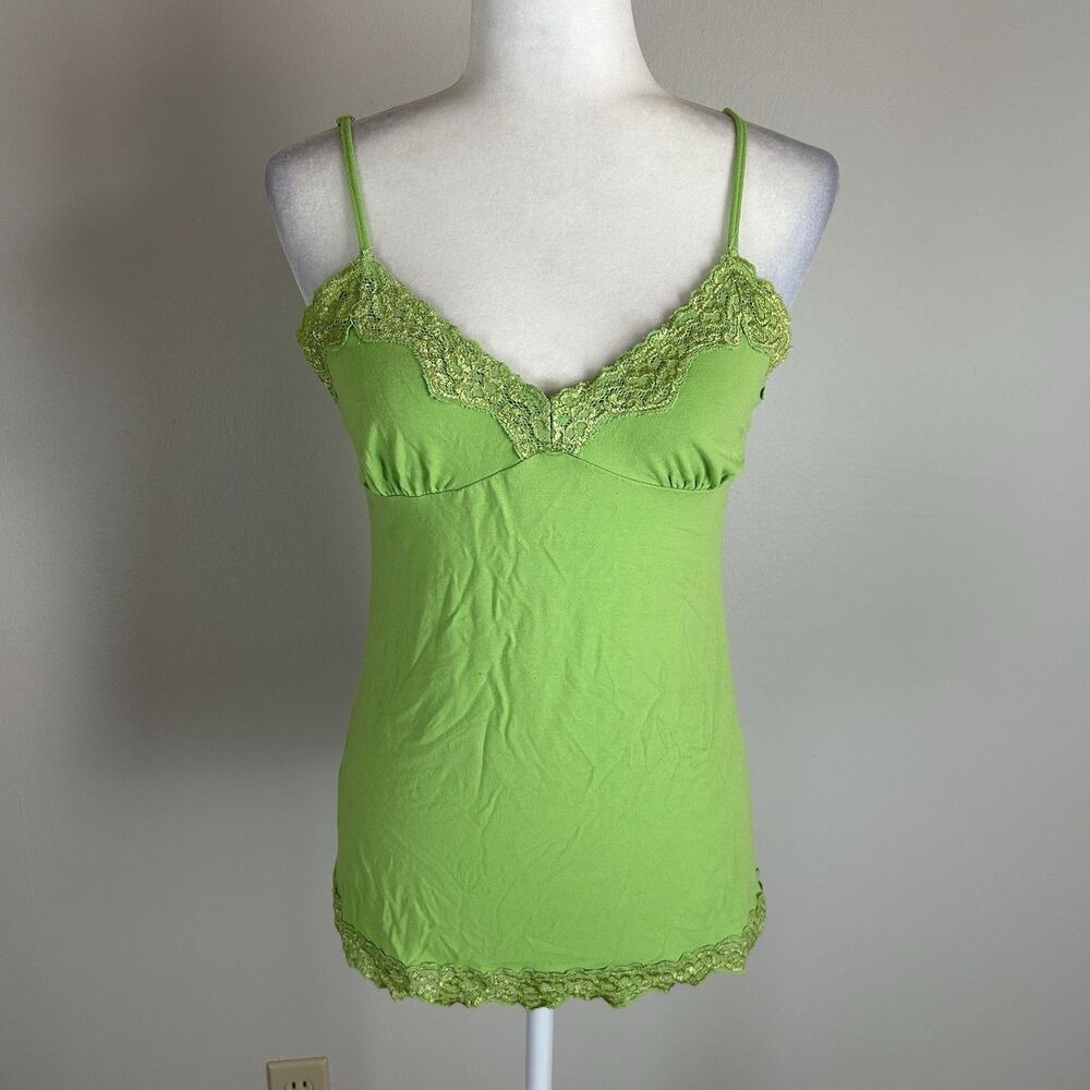 Deadstock Women’s M Lace Babydoll Cami Top Y2k Neon Green Layering Long Tank